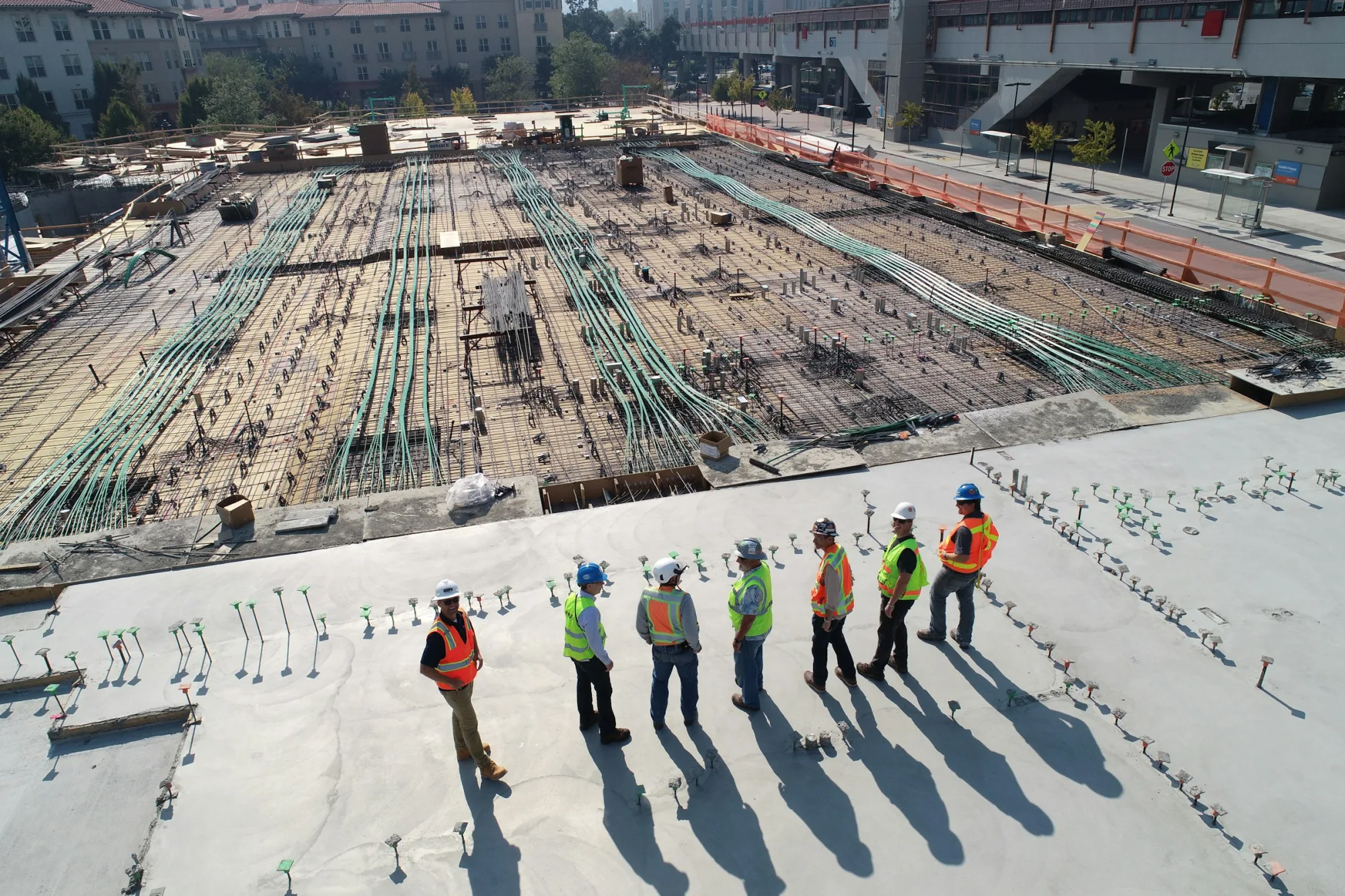 Construction site with project team